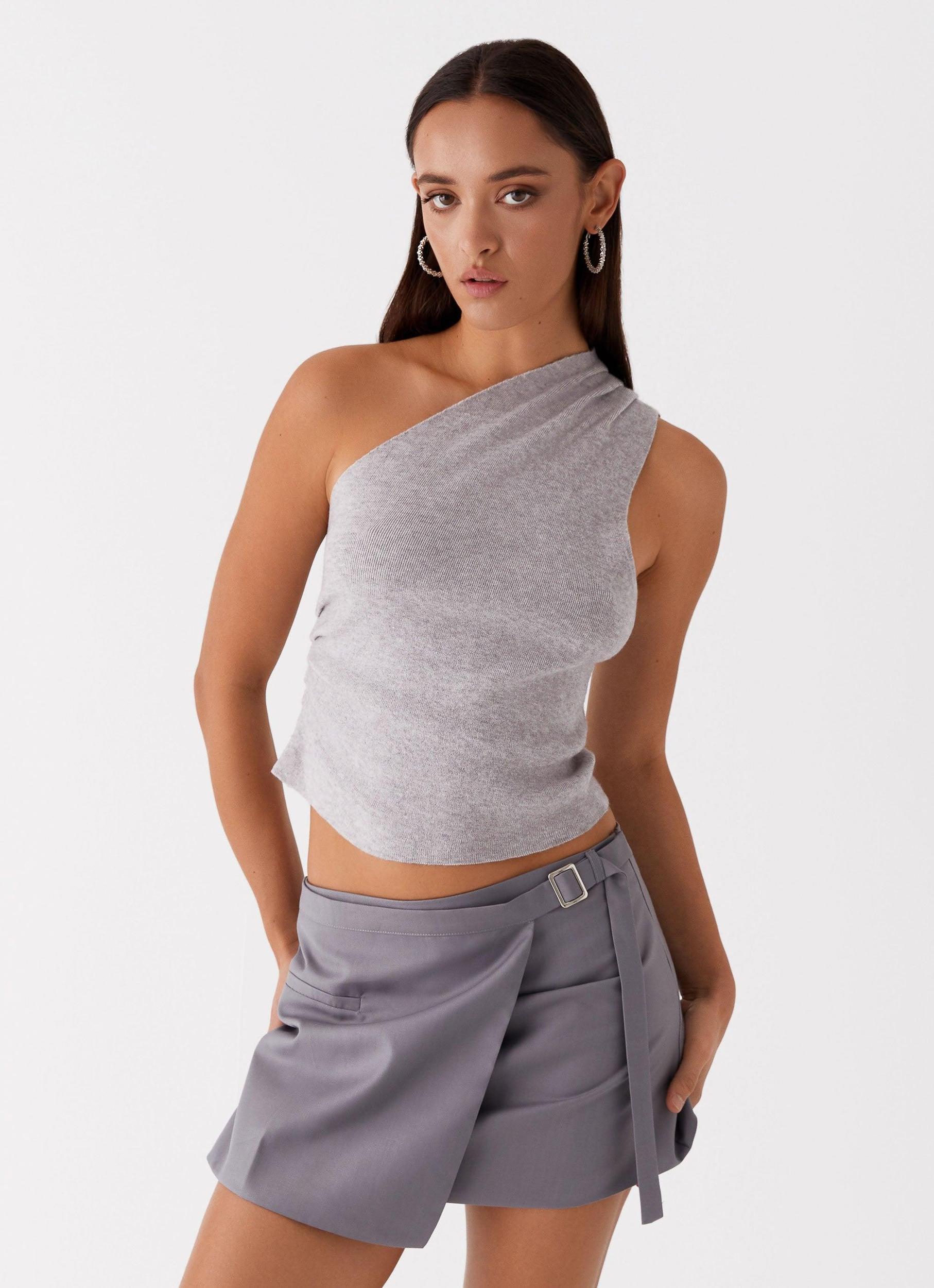 Indy One Shoulder Knit Top - Grey Product Image