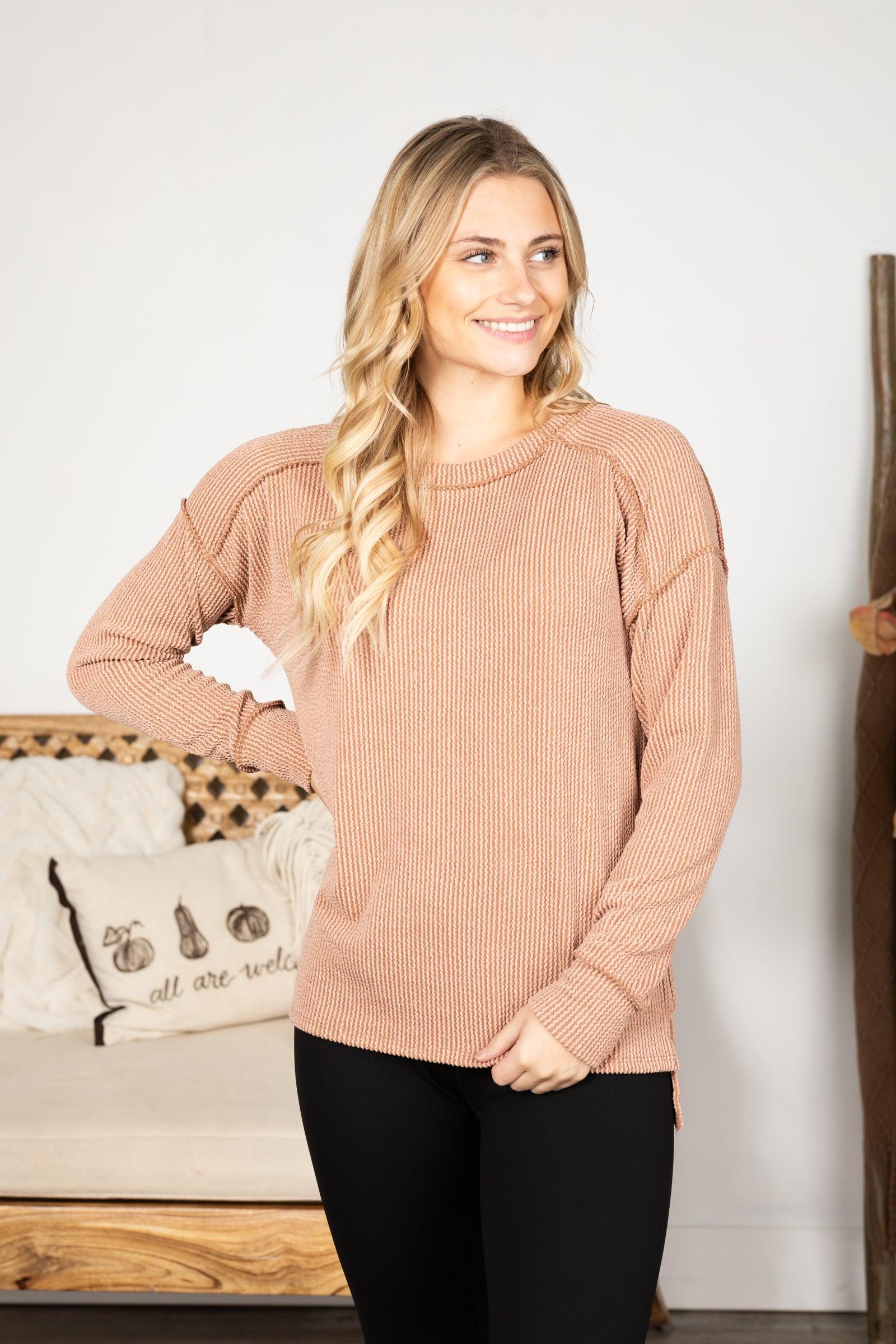 Ribbed Drop Shoulder Long Sleeve Knit Top Product Image