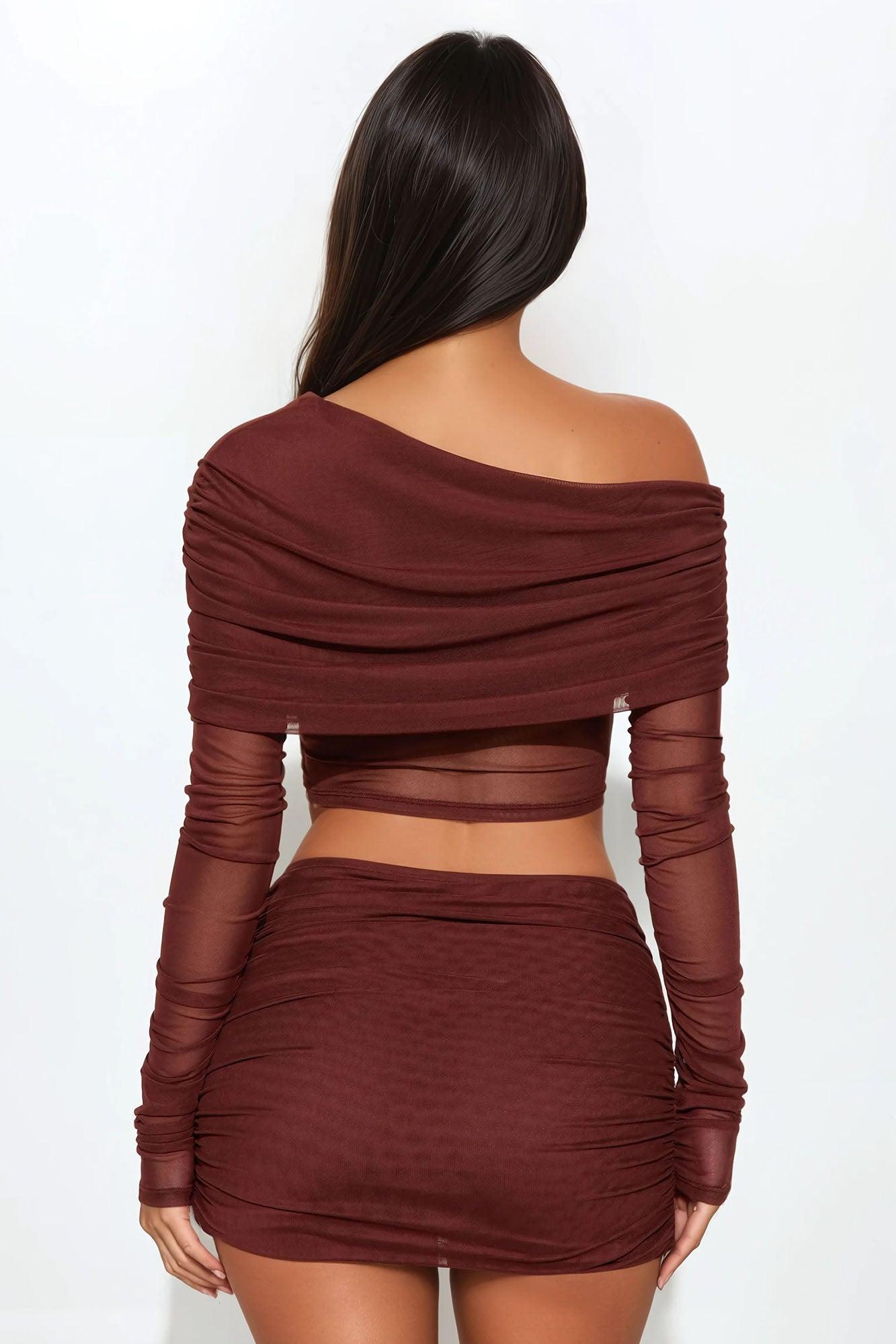 Shilo Off Shoulder Mesh Mini Skirt Set - Brown Product Image