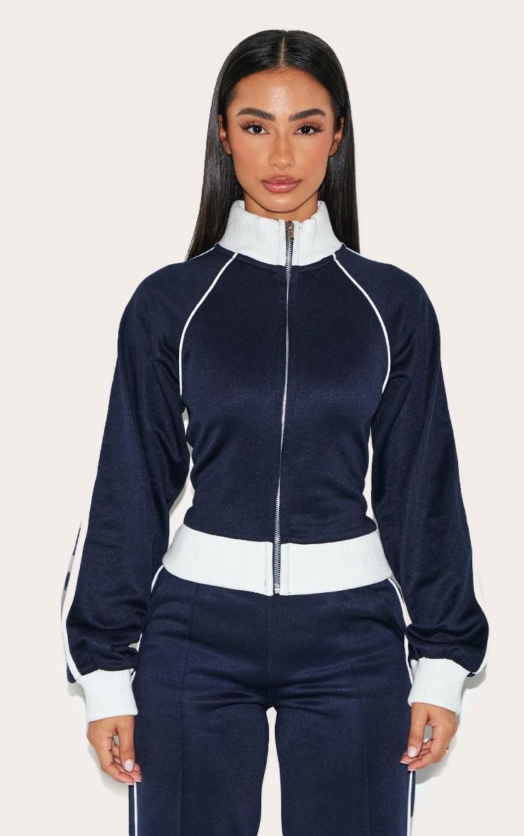 Petite Navy Contrast Detail Zip Up Jacket Product Image