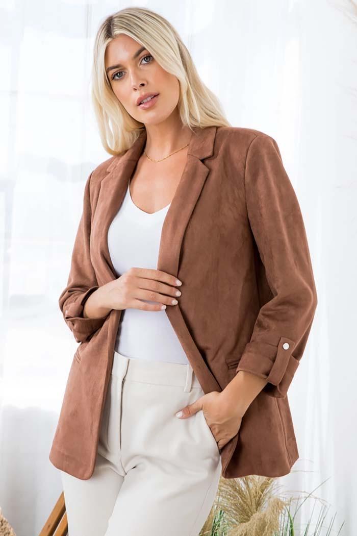 Open Front Roll Up Suede Blazer Product Image