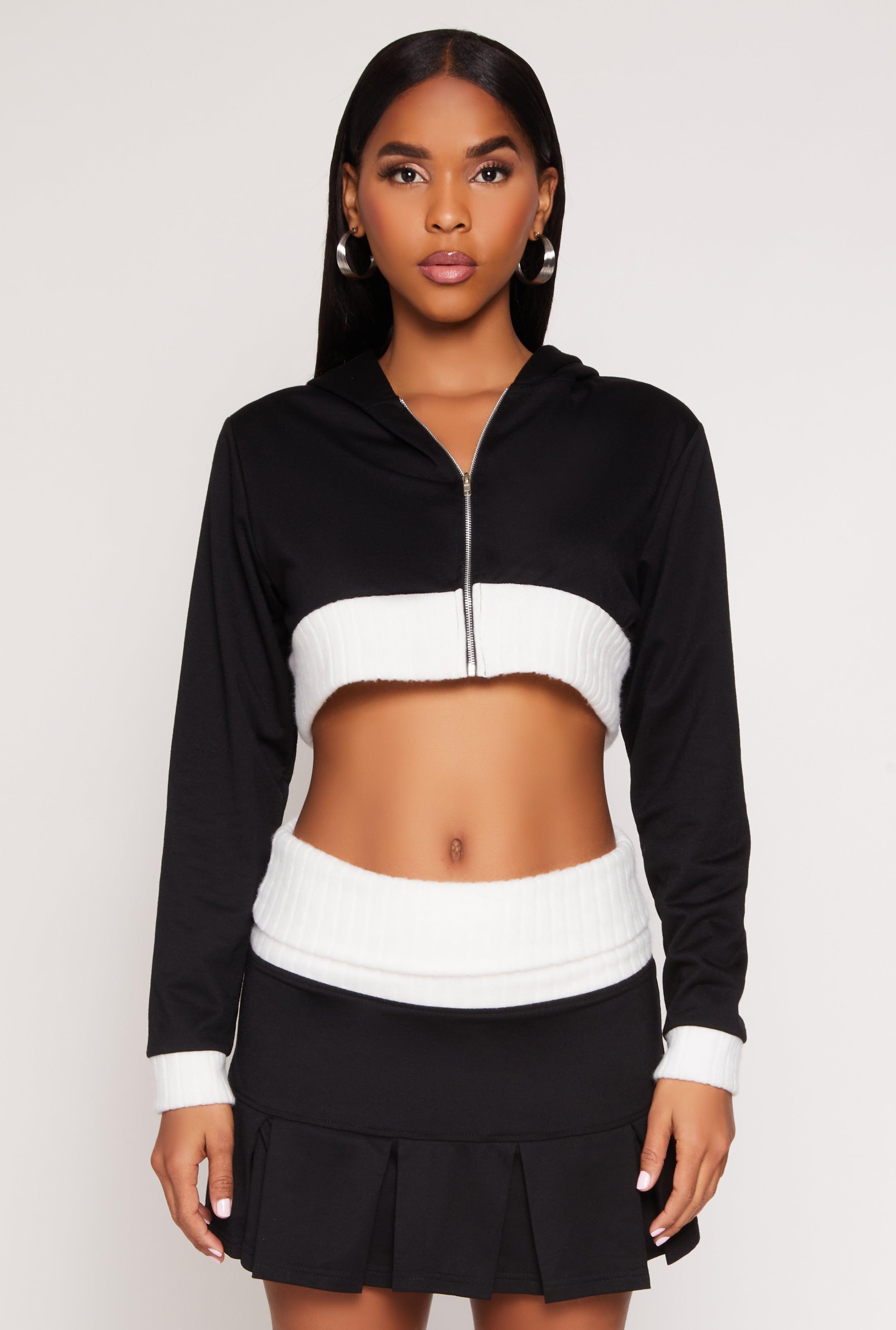 Womens Two Toned Trim Cropped Hooded Sweatshirt Product Image