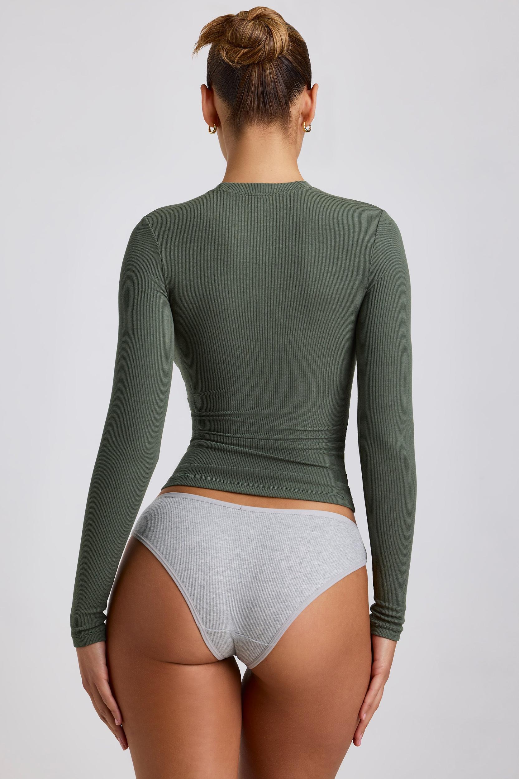 Ribbed Modal Crew Neck Top in Khaki Green Product Image