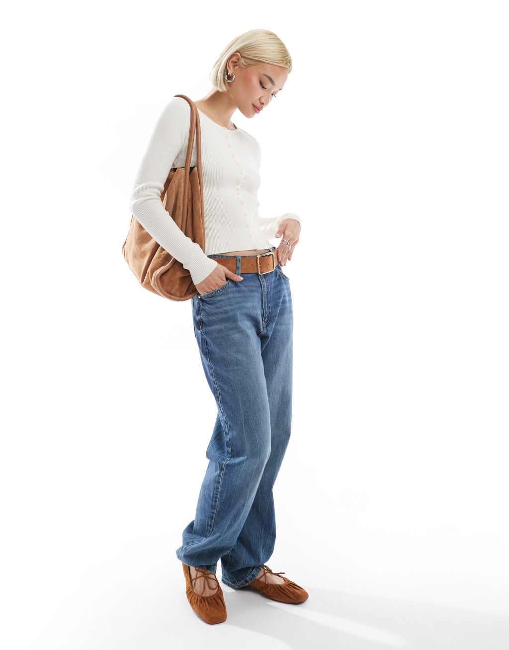 Stradivarius fitted ribbed cardigan in ecru Product Image