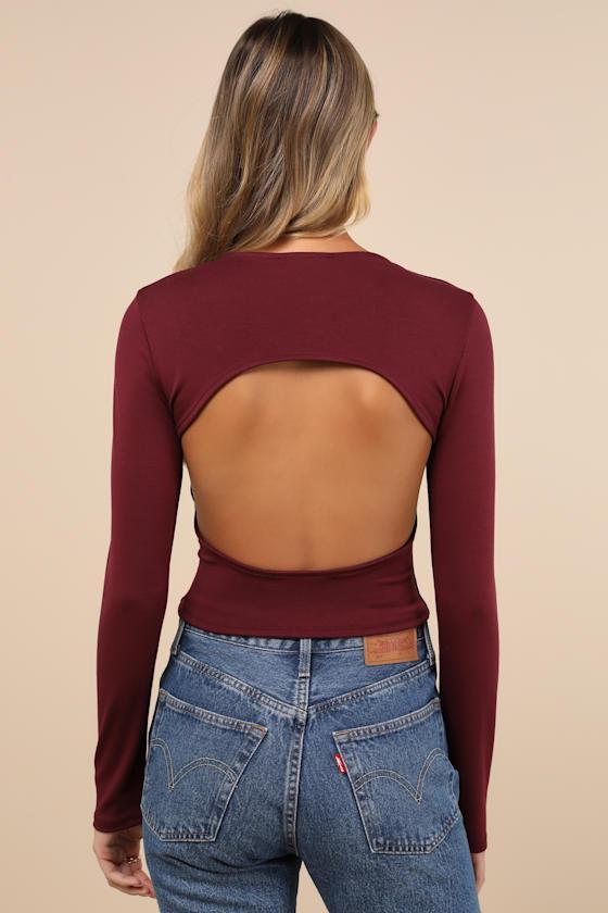 Daily Coolness Dark Plum Cutout Long Sleeve Crew Neck Top Product Image