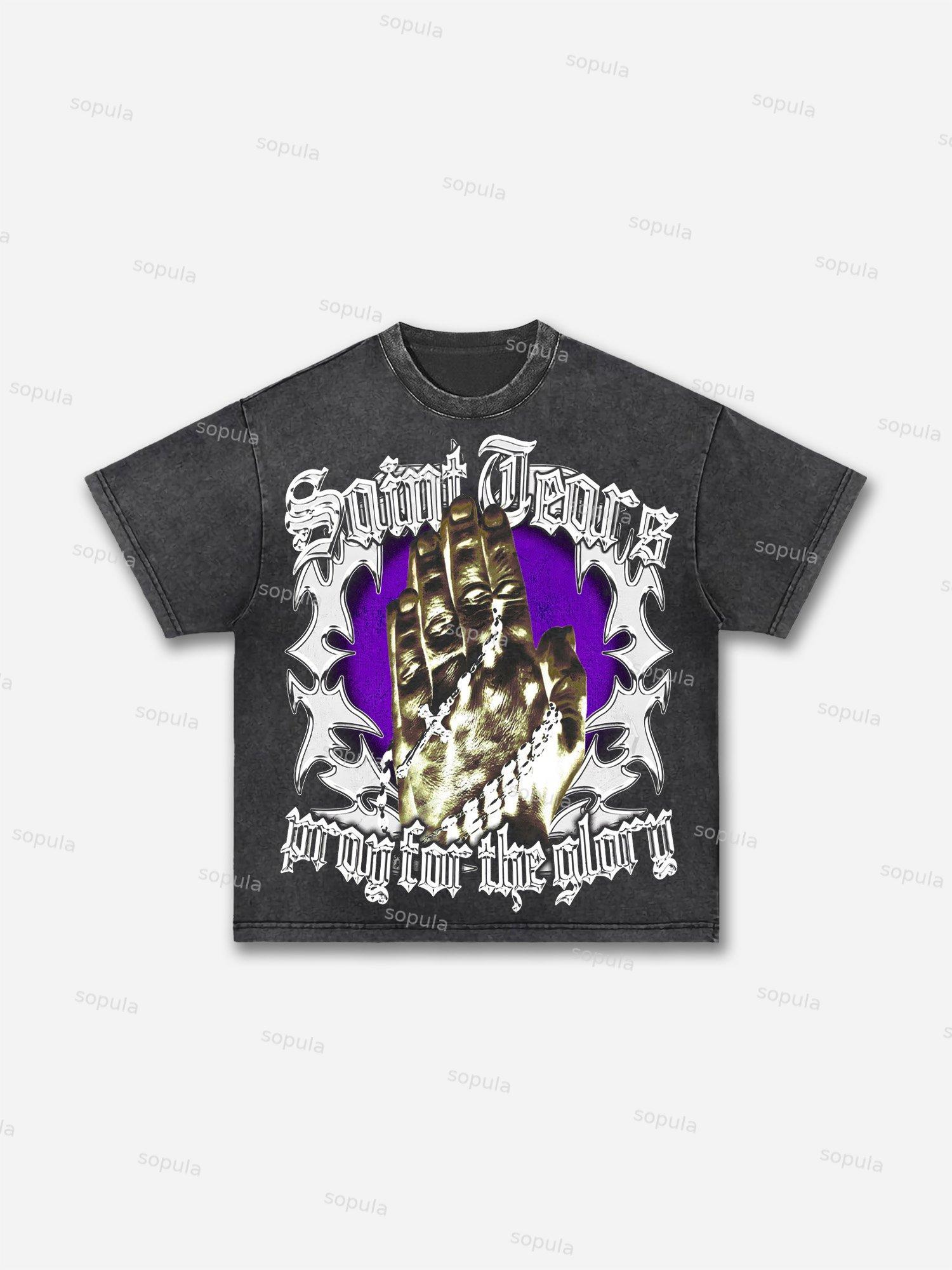 Vintage Pray For The Glory Graphic Print Casual Acid Wash T-shirt Product Image