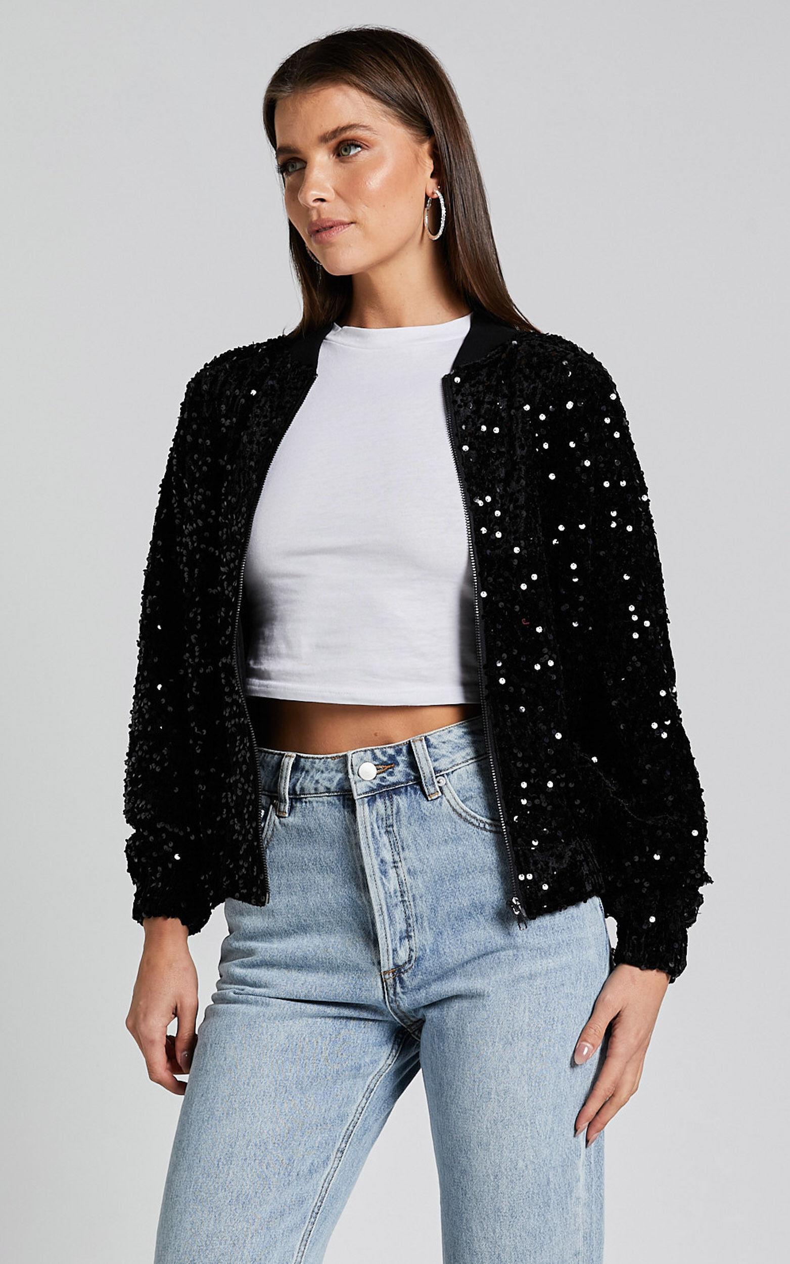 Poinsettia Jacket - Sequin Bomber in Black Product Image