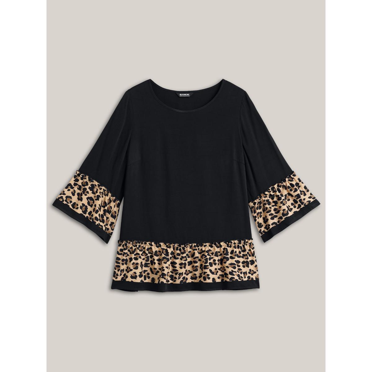 Plus Size Black Leopard Print Patchwork Tiered Blouse Women Casual Elbow-length sleeve Round Neck Everyday Blouses BloomChic 22-24/3X Product Image