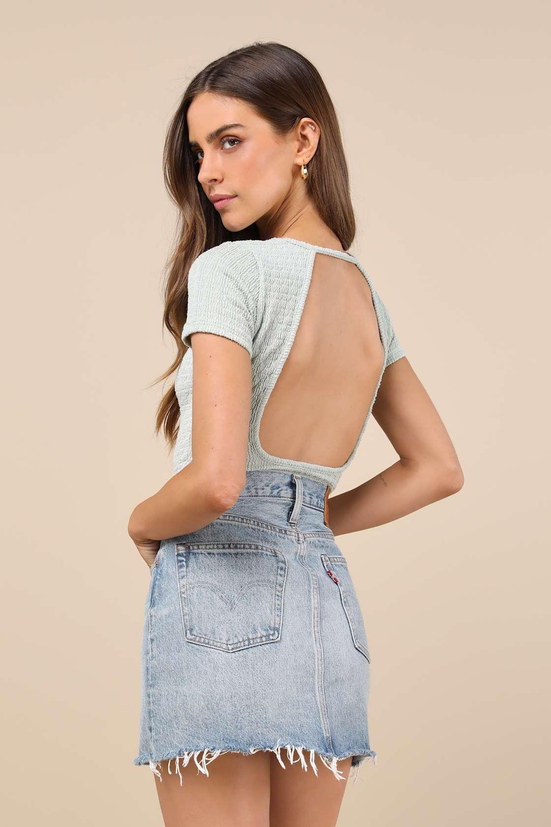Decidedly Stylish Mint Textured Short Sleeve Backless Bodysuit Product Image