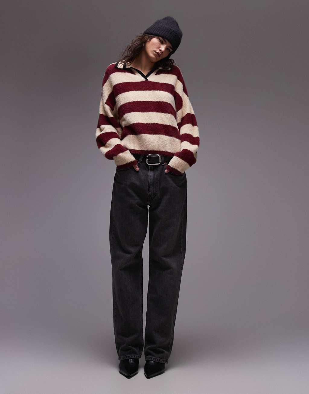 Topshop knitted fluffy stripe relaxed polo in burgundy and ecru Product Image