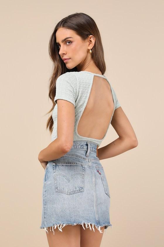 Decidedly Stylish Mint Textured Short Sleeve Backless Bodysuit Product Image
