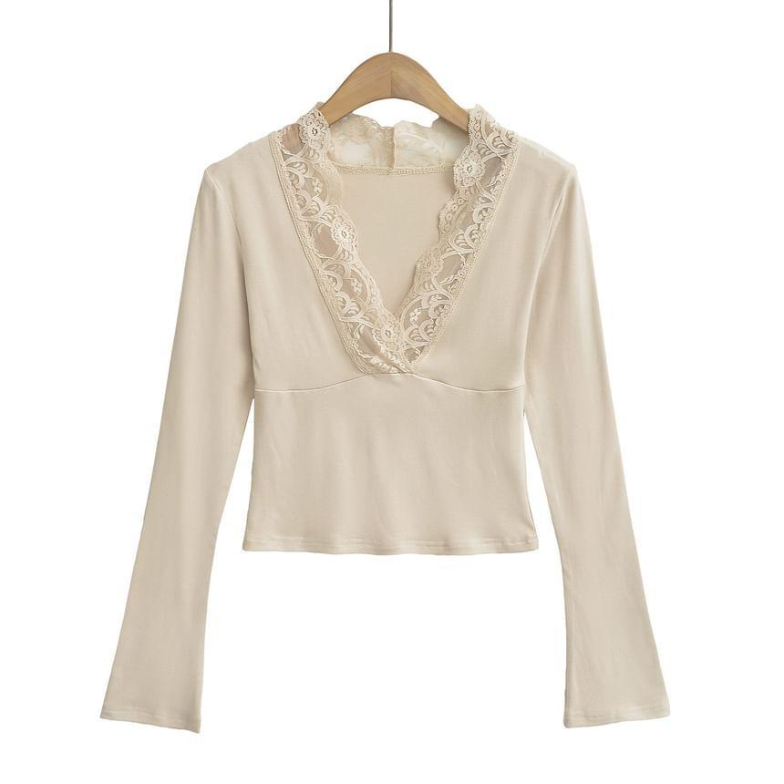 Bell Sleeve V-Neck Lace-Trim Plain Slim-Fit Crop Top Product Image