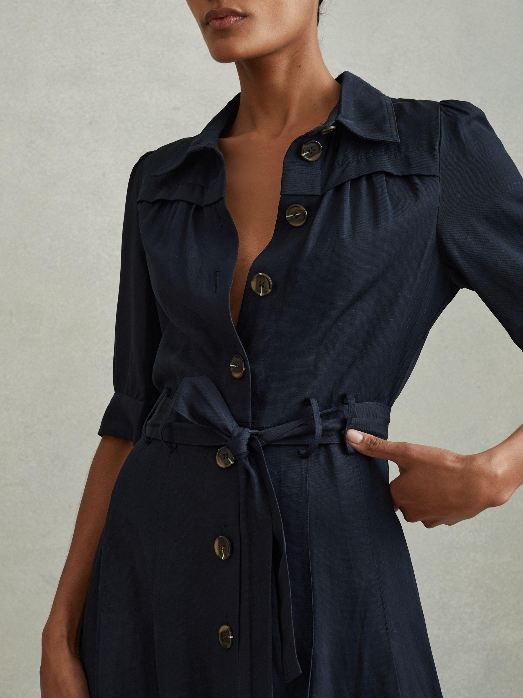 Belted Cap Sleeve Midi Dress With Linen in Navy Product Image