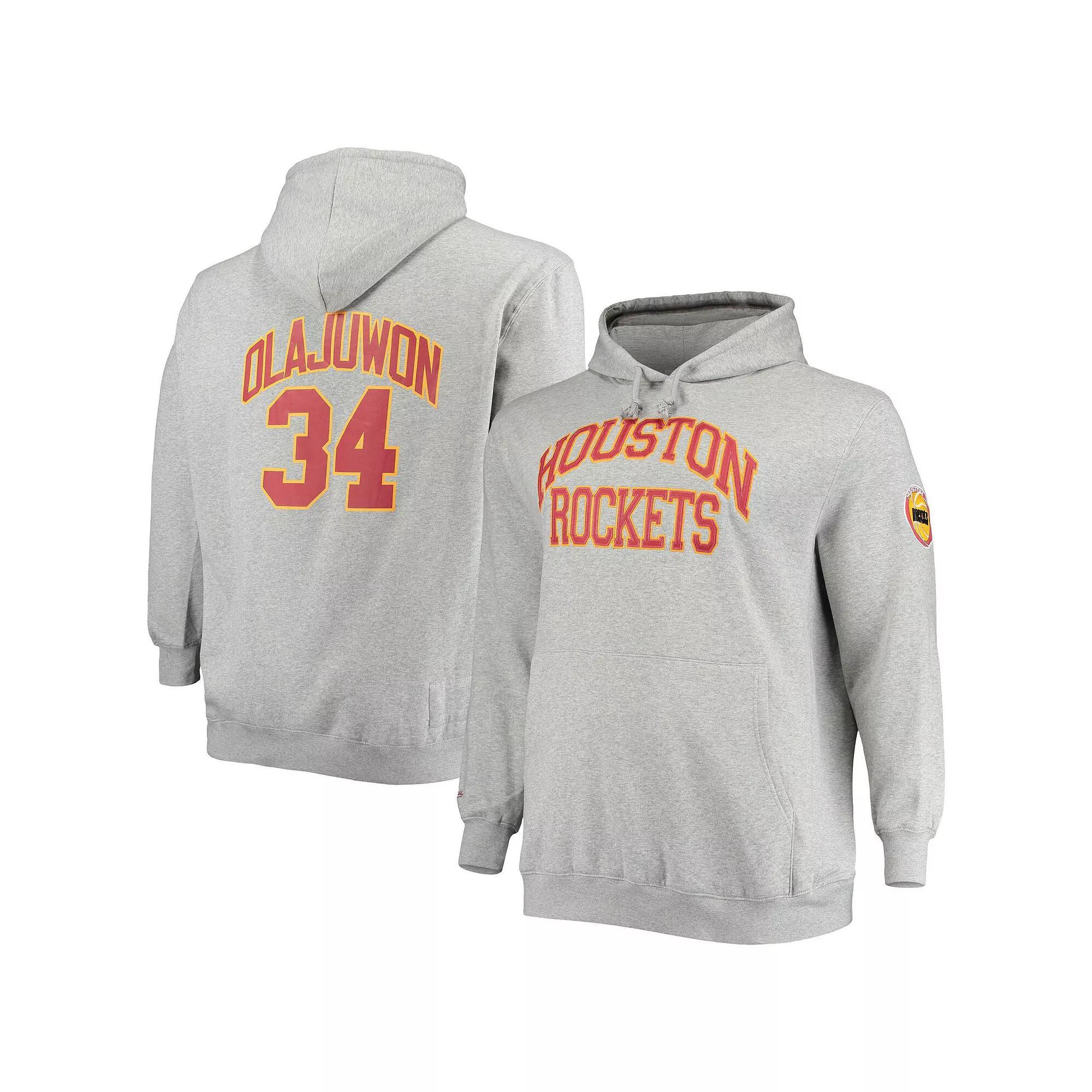 Men's Mitchell & Ness Hakeem Olajuwon Heathered Gray Houston Rockets Big & Tall Name & Number Pullover Hoodie, Size: 5XB, Grey Product Image