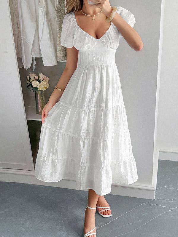 A-Line Loose Backless Pleated Solid Color Tied V-Neck Midi Dresses Product Image