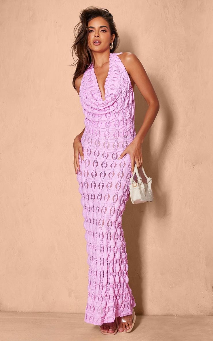 Bright Pink Textured Extreme Cowl Neck Maxi Dress Product Image