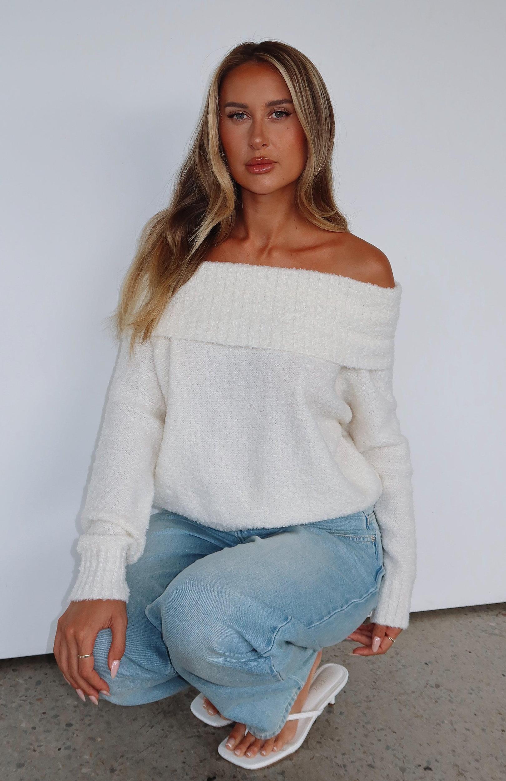 You Don't Need Me Off Shoulder Knit Sweater Off White Product Image