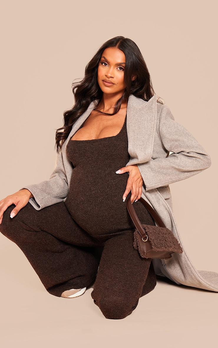 Maternity Chocolate Brown Luxe Knit Flared Pants Product Image