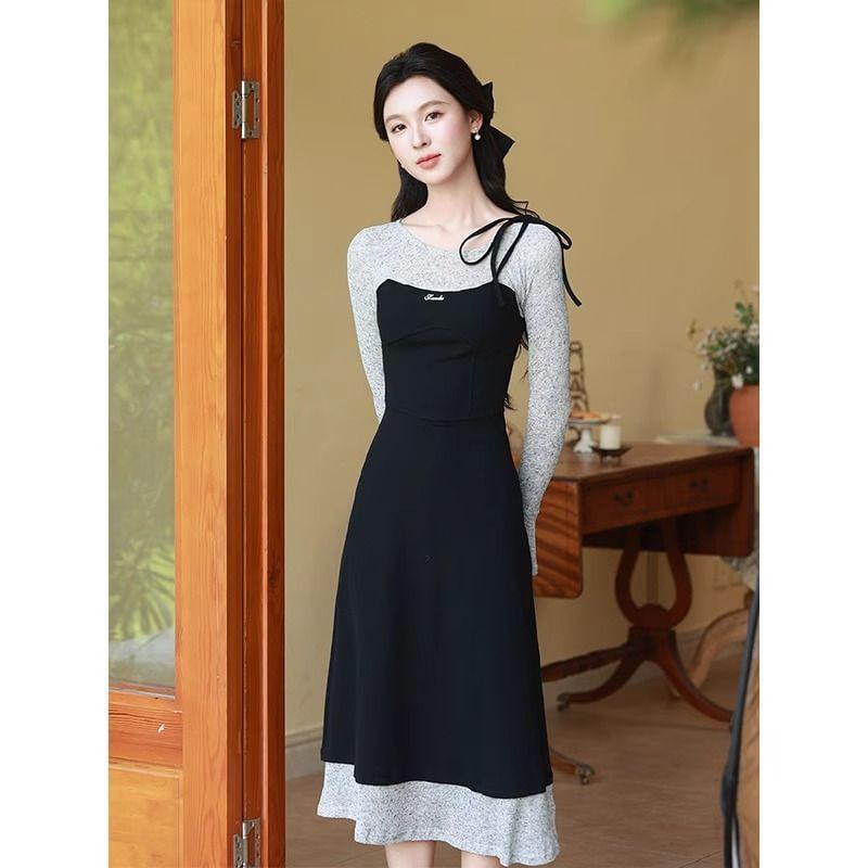 Long Sleeve Round Neck Mock Two Piece Midi A-Line Dress Product Image