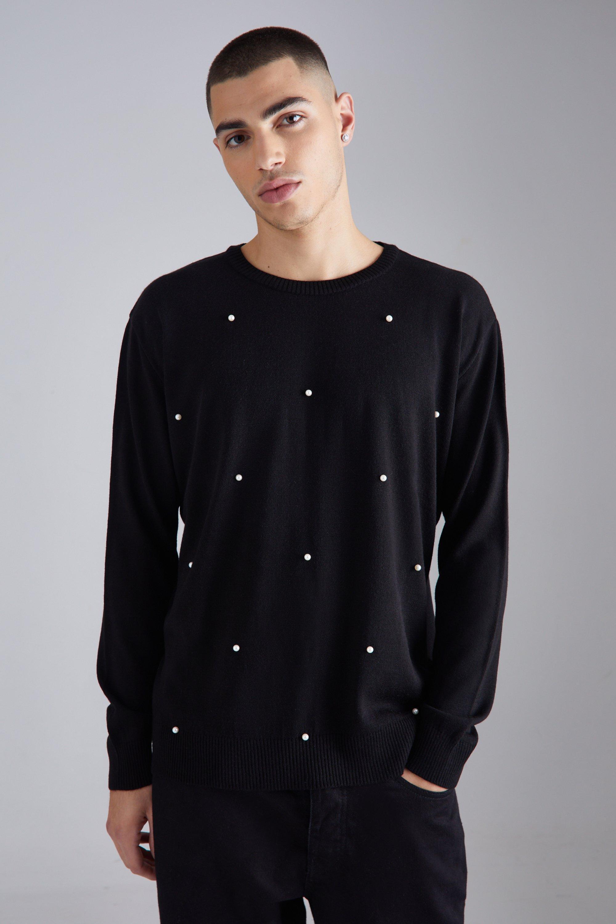 Mens Black Relaxed All Over Pearl Embellished Knit Jumper, Black Product Image