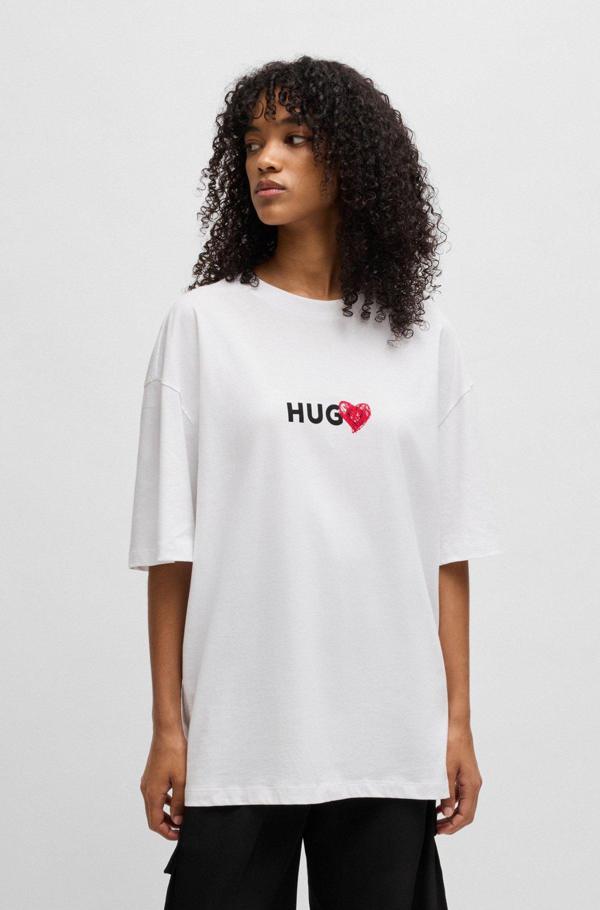HUGO - Cotton-jersey T-shirt with heart artwork - White Product Image