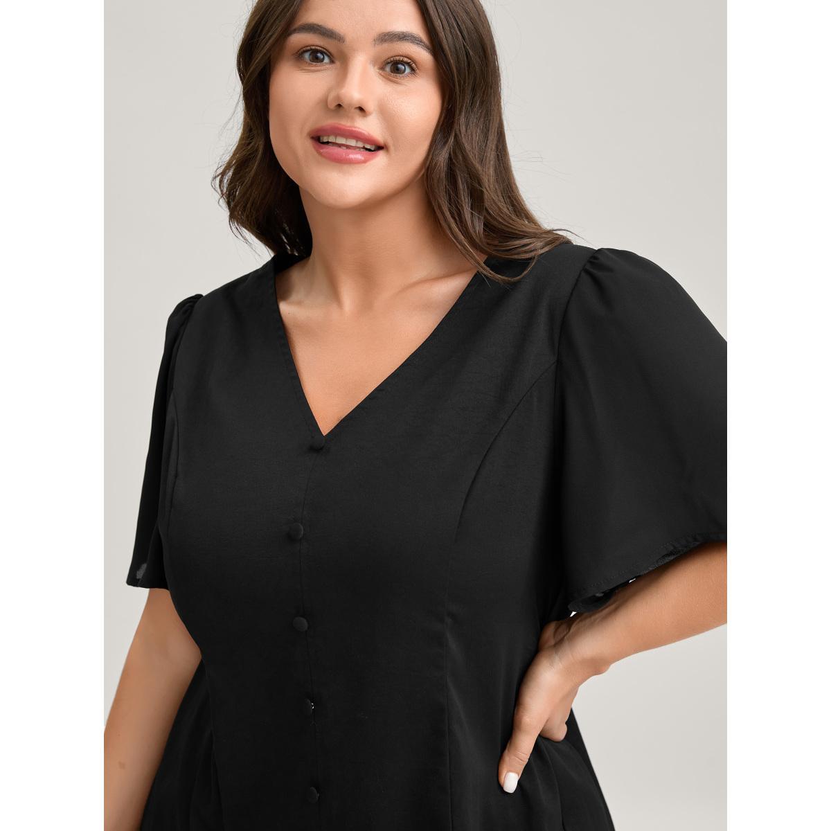 Plus Size Black Cinched Flared Waist Button Detail Blouse Women Timeless Short sleeve V-neck Elegant Blouses BloomChic 14-16/1X Product Image