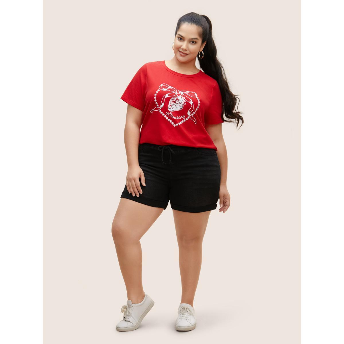 Plus Size Crew Neck Strawberry Print T-shirt Brightred Women Casual Contrast Fruit Round Neck Everyday T-shirts BloomChic 30/6X Product Image