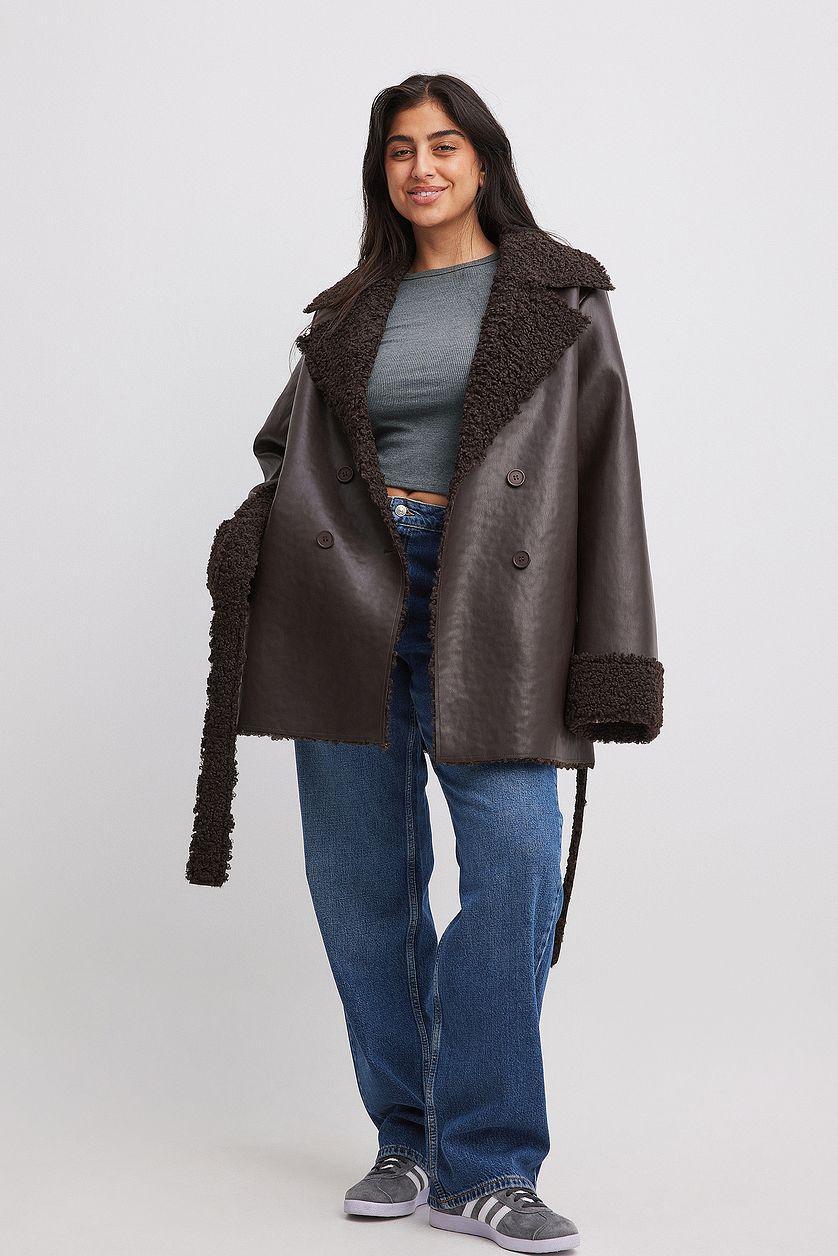 Short Teddy Detail Pu Coat Product Image