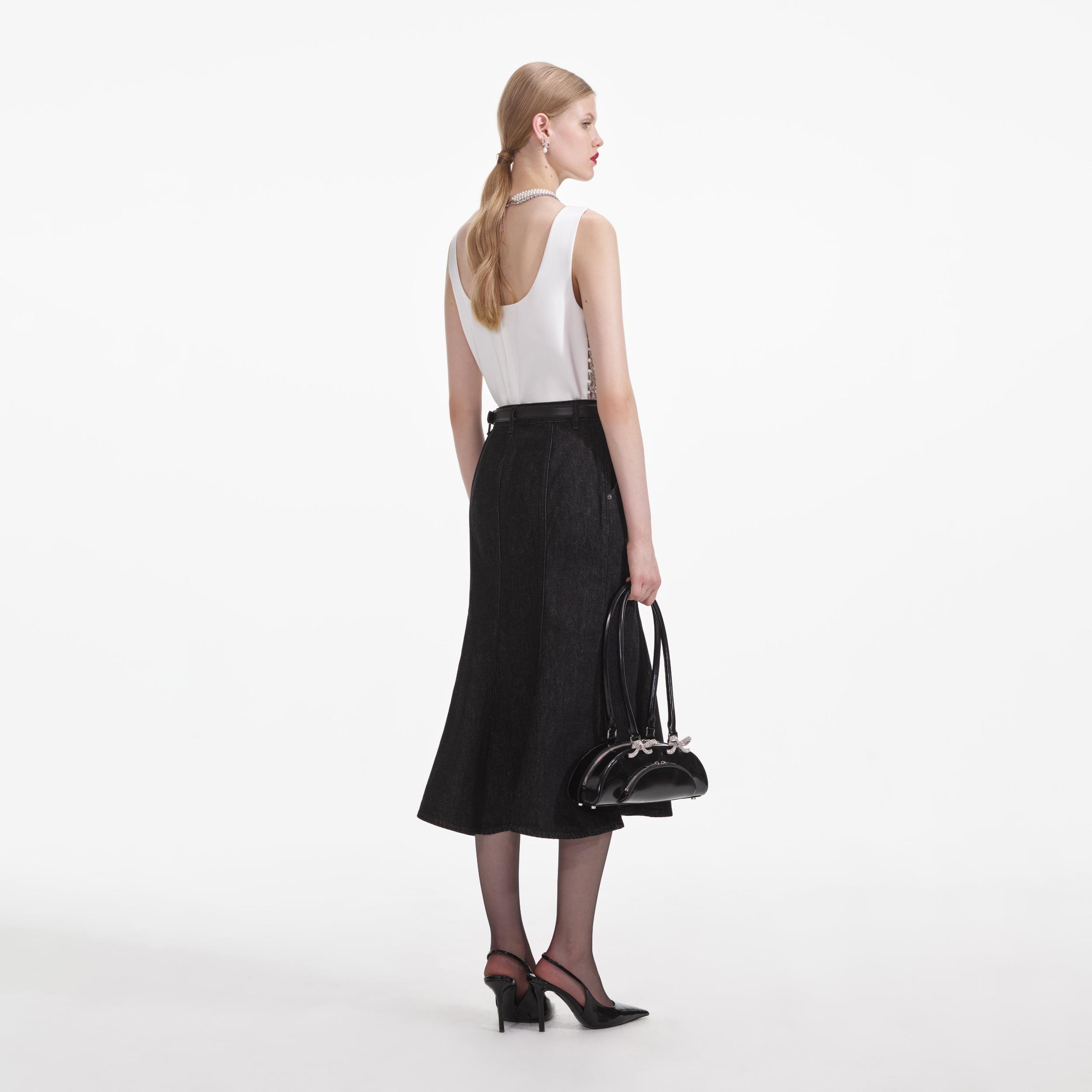 Black Flared Denim Midi Skirt Product Image