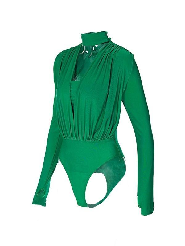 Solid Plunge Neck Splice Thumb Hole Bodysuits Product Image