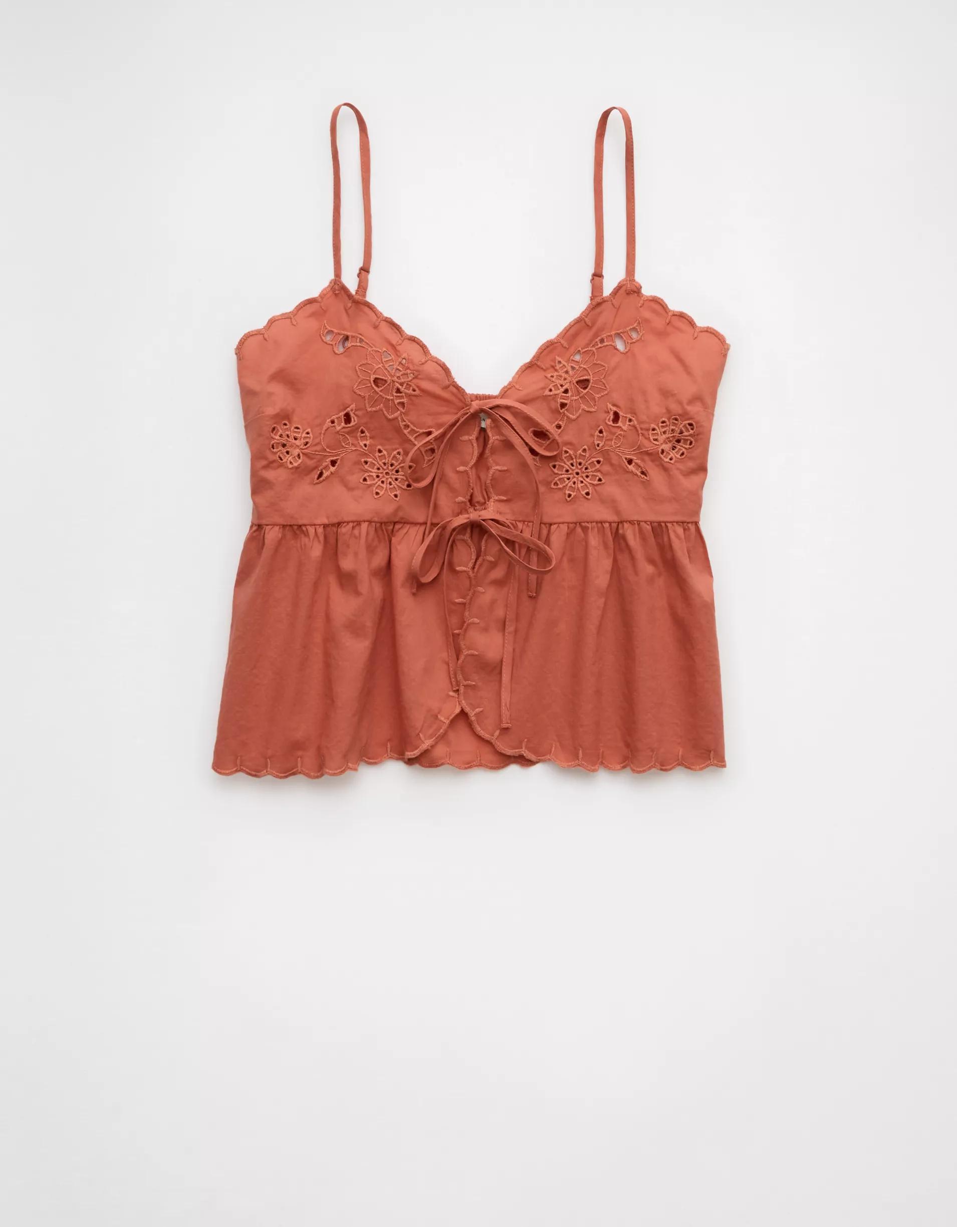 AE Tie Front Embroidered Tank Top Product Image