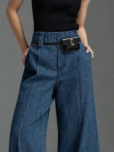 Wide Leg No Belt Solid Color Split-Front Jean Pants Bottoms Trousers Product Image