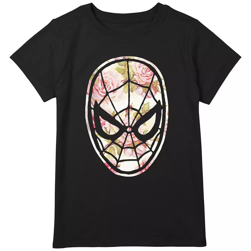 Girls Plus Size Spider-Man Floral Print Mask Graphic Tee, Girl's, Size: Medium PLUS, Black Product Image