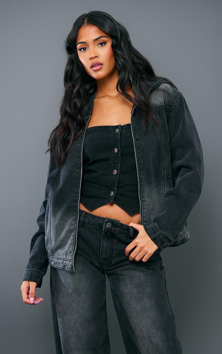 Tall Washed Black Oversized Hooded Zip Up Denim Jacket Product Image