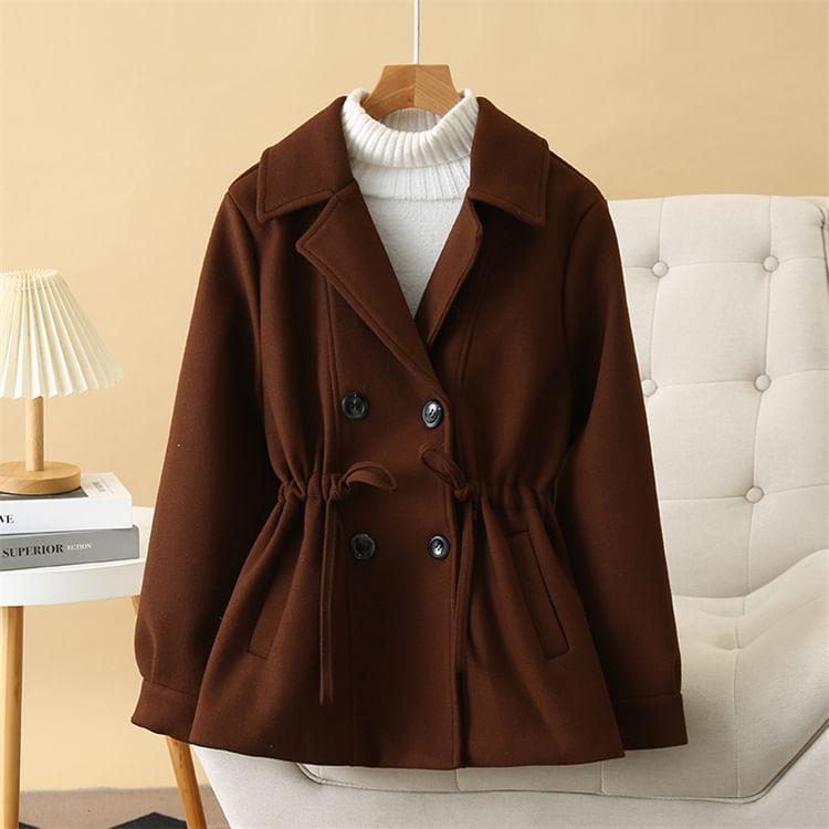 Plus Size Lapel Collar Plain Drawstring Waist Double-Breasted Coat Product Image