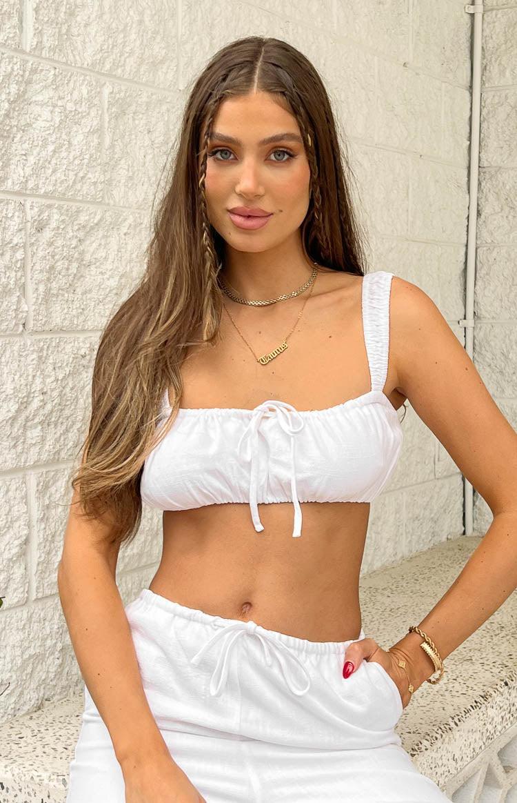 Kellie White Linen Blend Cropped Gathered Top Product Image