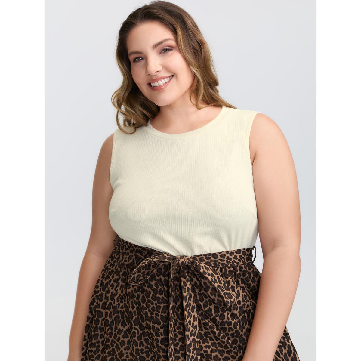 Plus Size Leopard Print Patchwork Belted Waist Midi Dress Multicolor Women Leisure Texture Round Neck Sleeveless Curvy BloomChic 30/6X Product Image