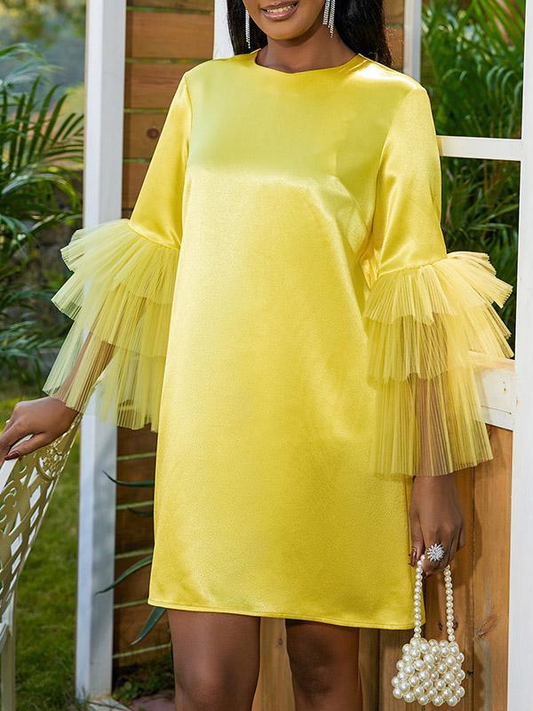 Half Sleeves Loose Shiny Solid Color Split-Joint Tulle Round-Neck Mini Dresses Product Image