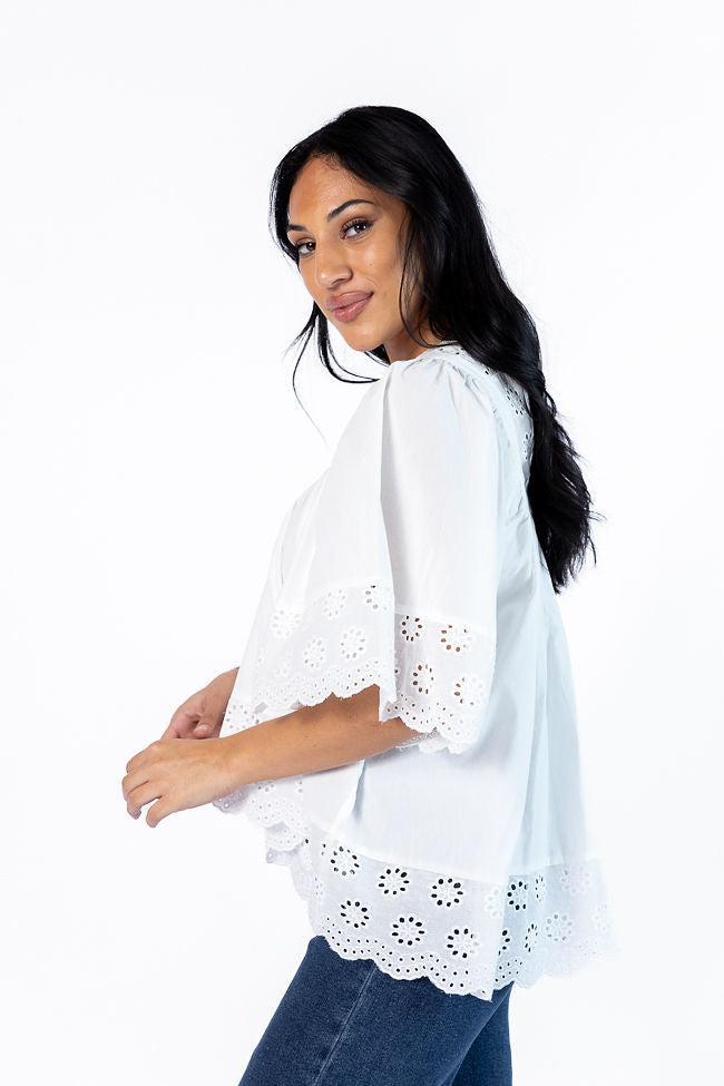 No Regrets Ivory Eyelet Detail Popover Short Sleeve Blouse Product Image