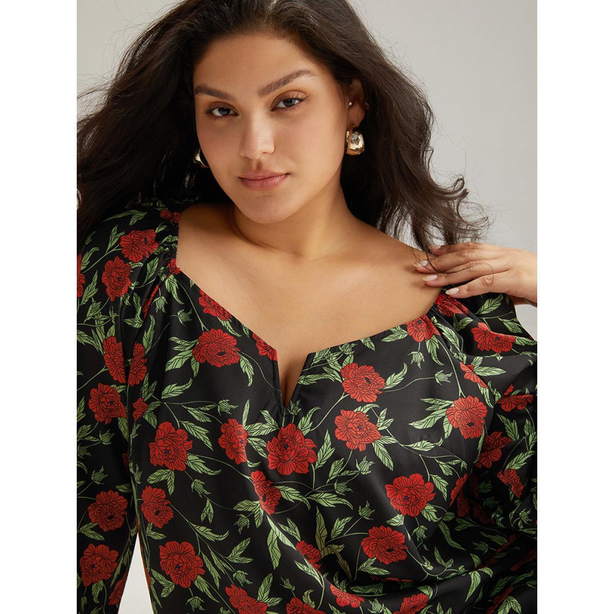 Plus Size BlackFlower Floral Print Notched Lantern Sleeve Blouse Women Elegant Long Sleeve Square Neck Dailywear Blouses BloomChic 10/M Product Image