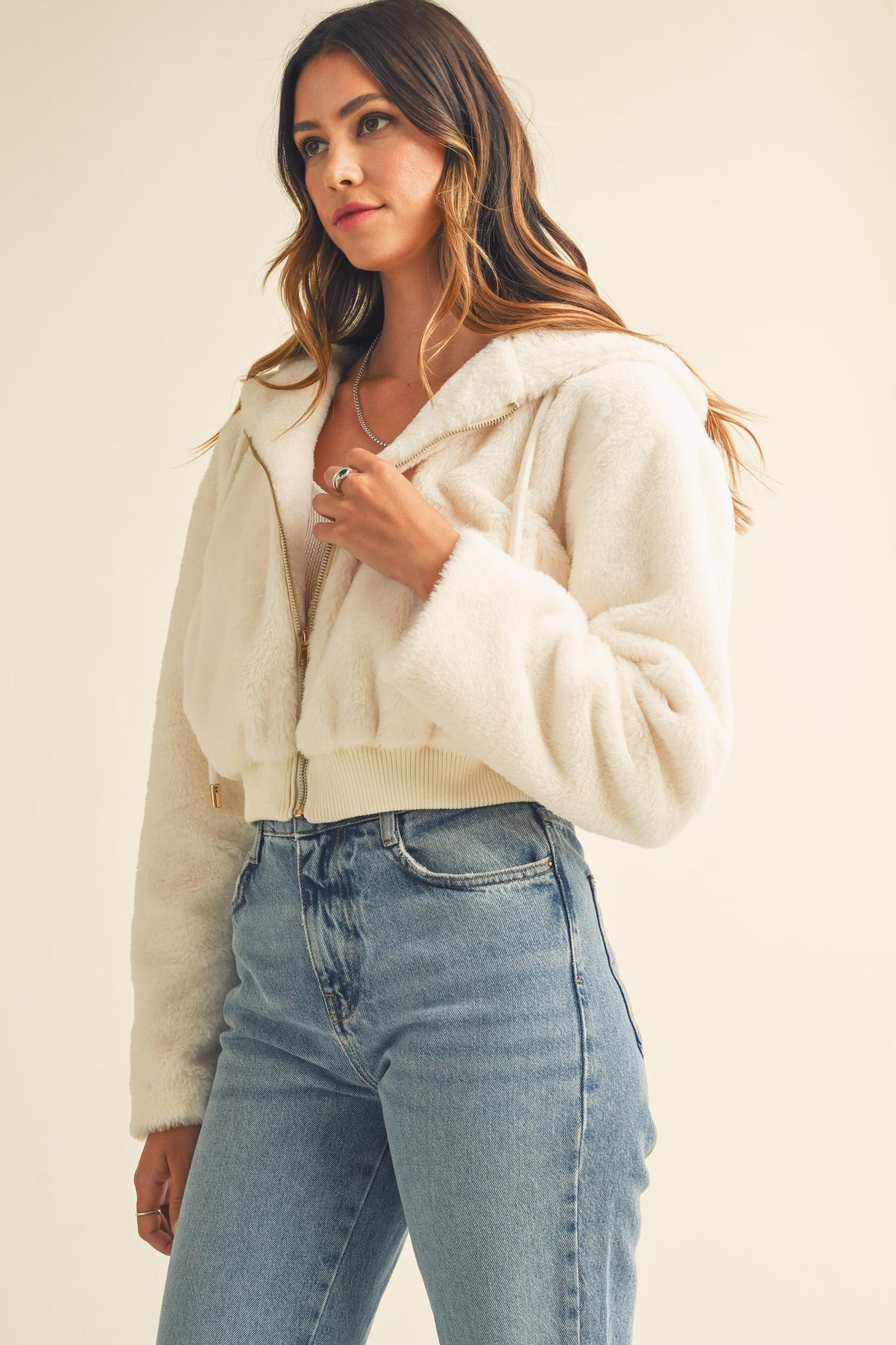 Faux Fur Hoodie Crop Jacket Product Image
