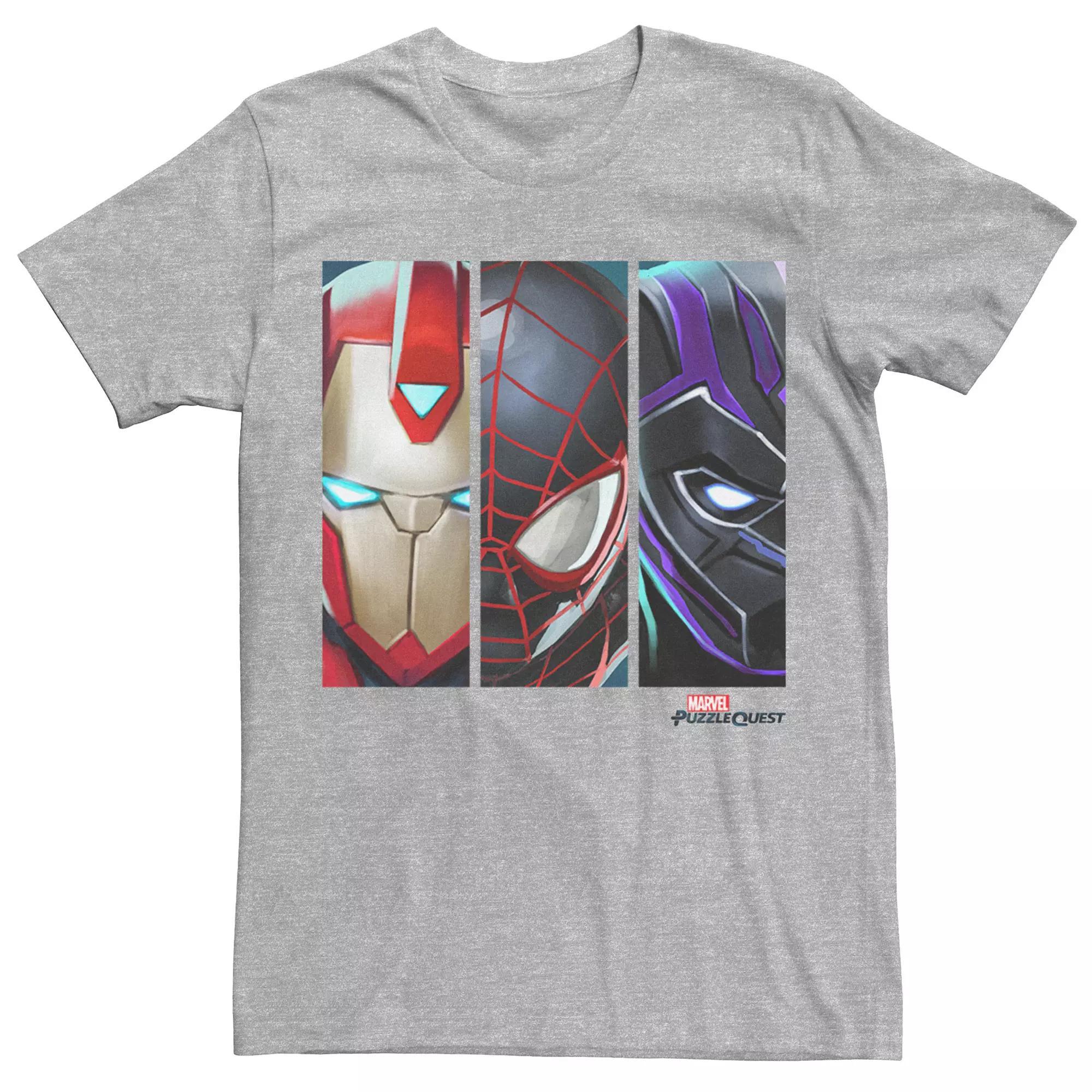 Men's Marvel Puzzle Quest Iron Man, Spider-Man & Black Panther Graphic Tee, Size: Medium, Athletic Grey Product Image