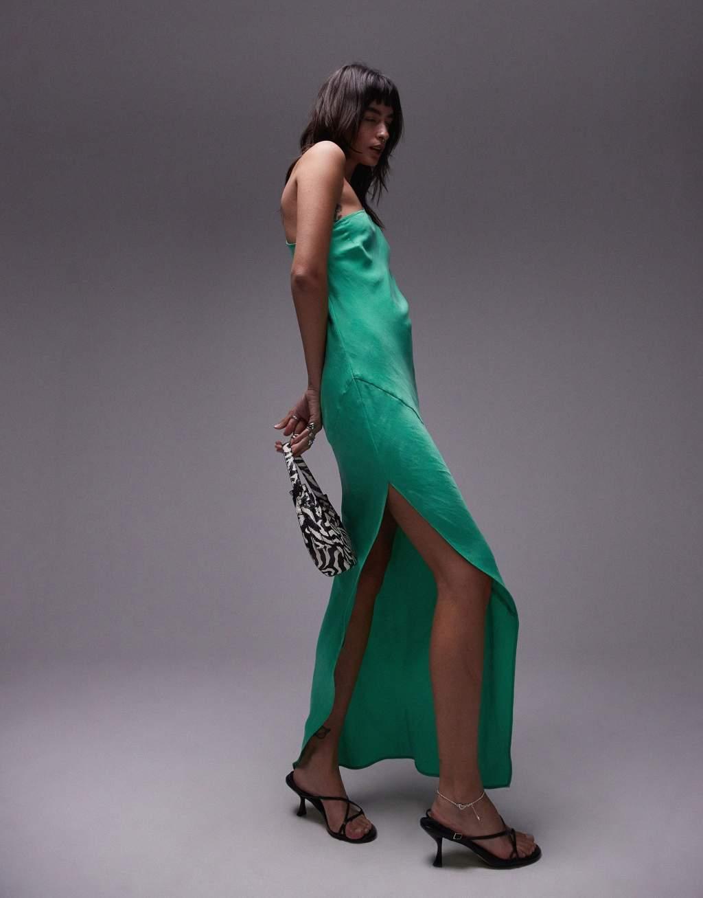 Topshop premium one shoulder cut away hem midi dress in green Product Image