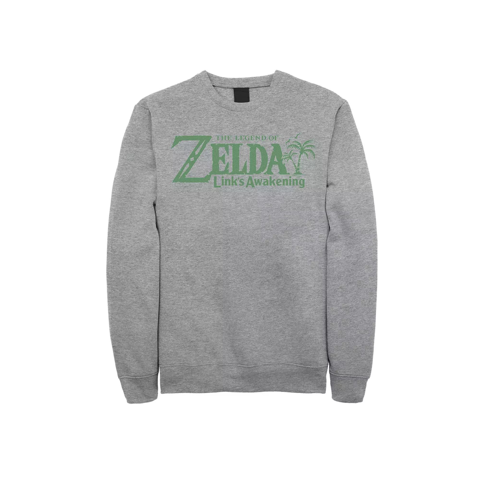 Men's Nintendo Legend Of Zelda Links Awakening Palm Tree Green Logo Graphic Fleece Pullover, Size: 3XL, Athletic Grey Product Image