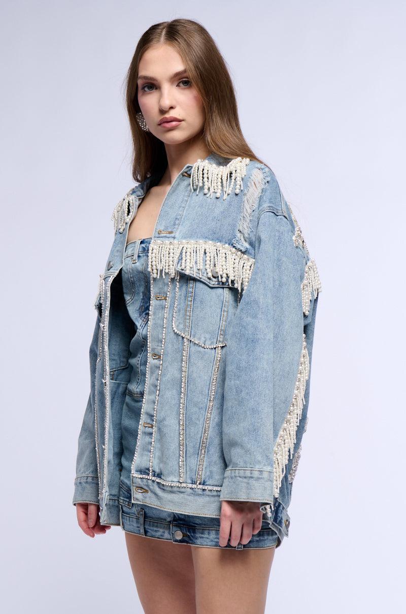 SHOW STOPPER PEARL EMBELLISHED DENIM JACKET Product Image