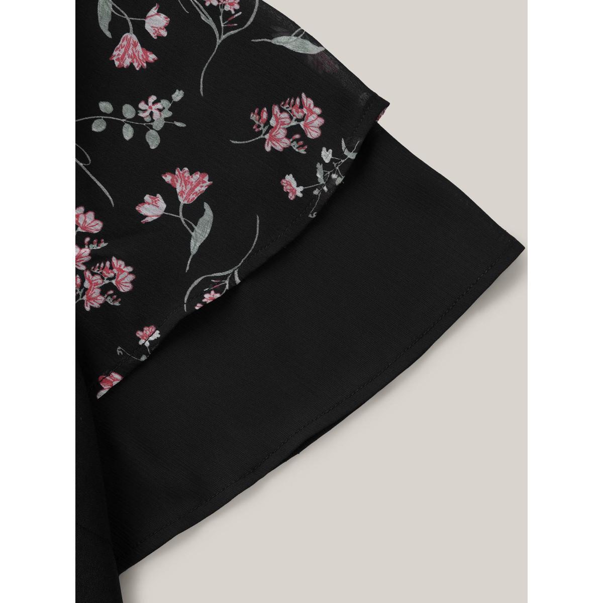 Plus Size Black Floral Layered Sleeve Solid Blouse Women Leisure Short sleeve V-neck Casual Blouses BloomChic 22-24/3X Product Image