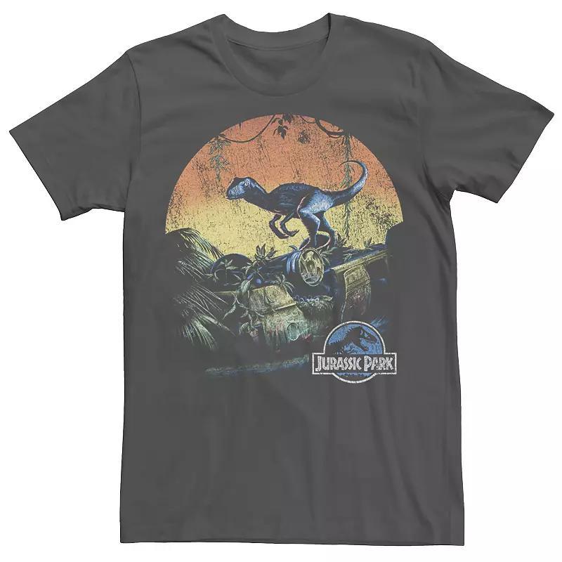 Mens Jurassic World Retro Raptor Sunset in Jungle Tee Grey Product Image