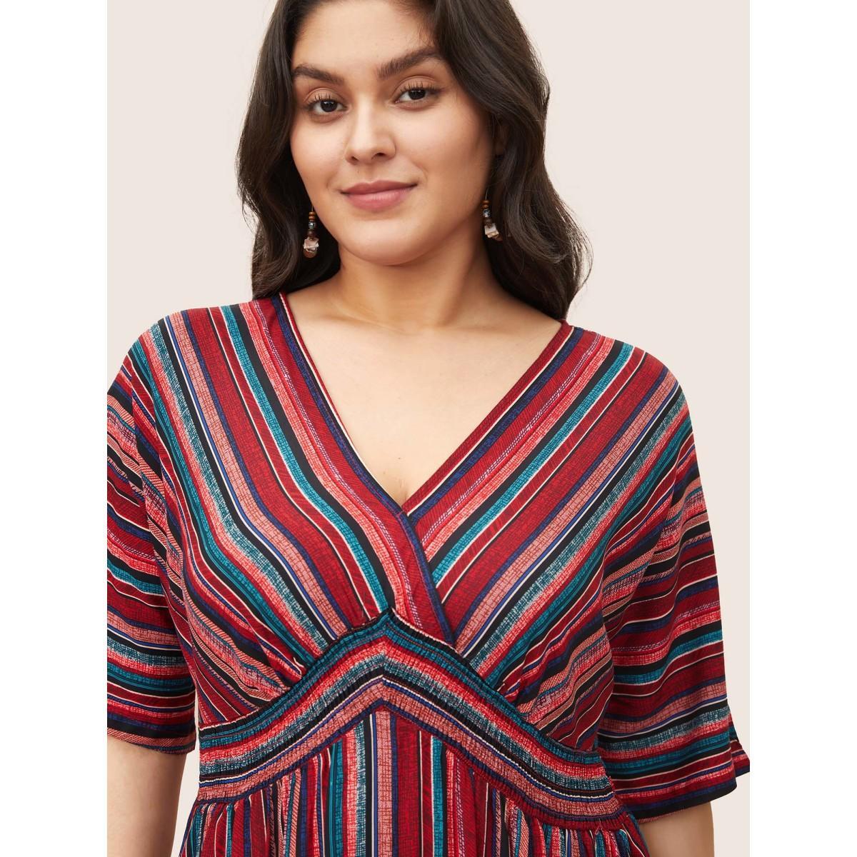 Plus Size Striped Contrast Dolman Sleeve Shirred Pocket Split Flutter Dress Red Women Boho Non V-neck Half Sleeve Curvy BloomChic 18-20/2X Product Image