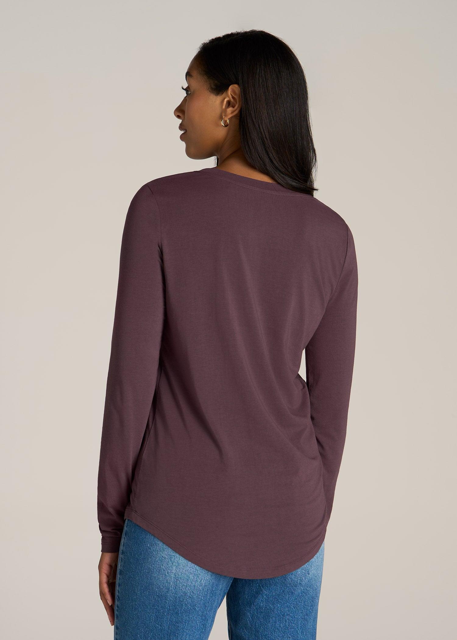 Long Sleeve Scoop V-Neck Tee Shirt for Tall Women in Merlot Female Product Image