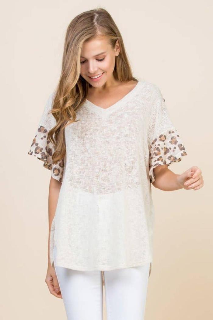 Lace Button Trim V Neck Top Product Image